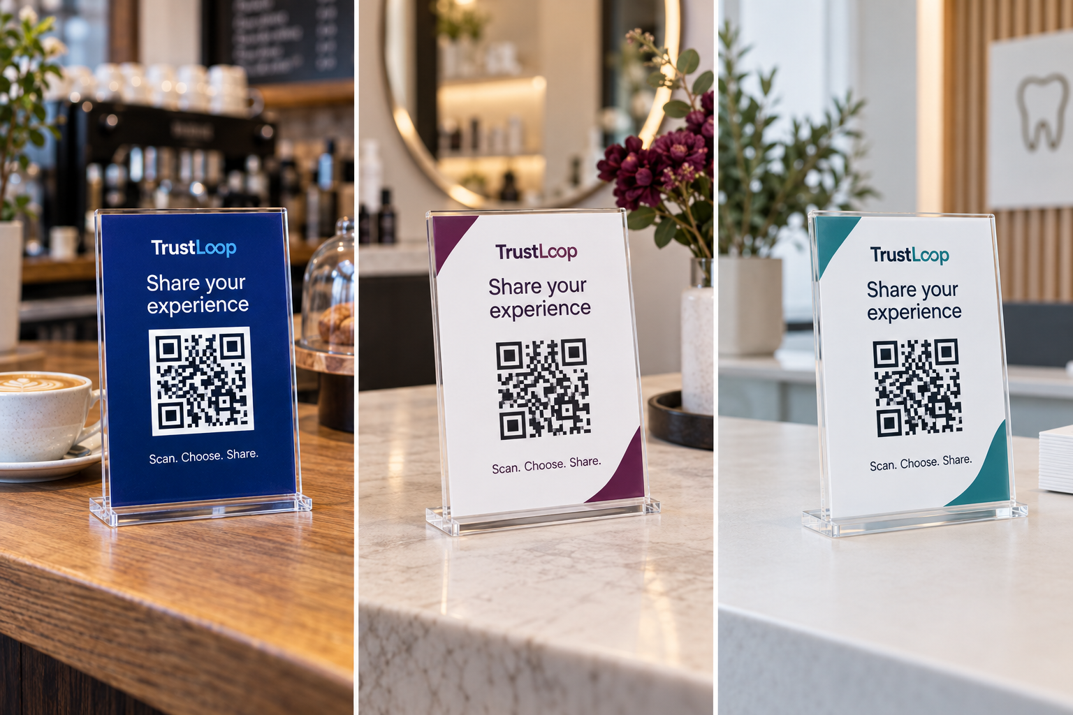 TrustLoop blue acrylic QR review stand on a café counter